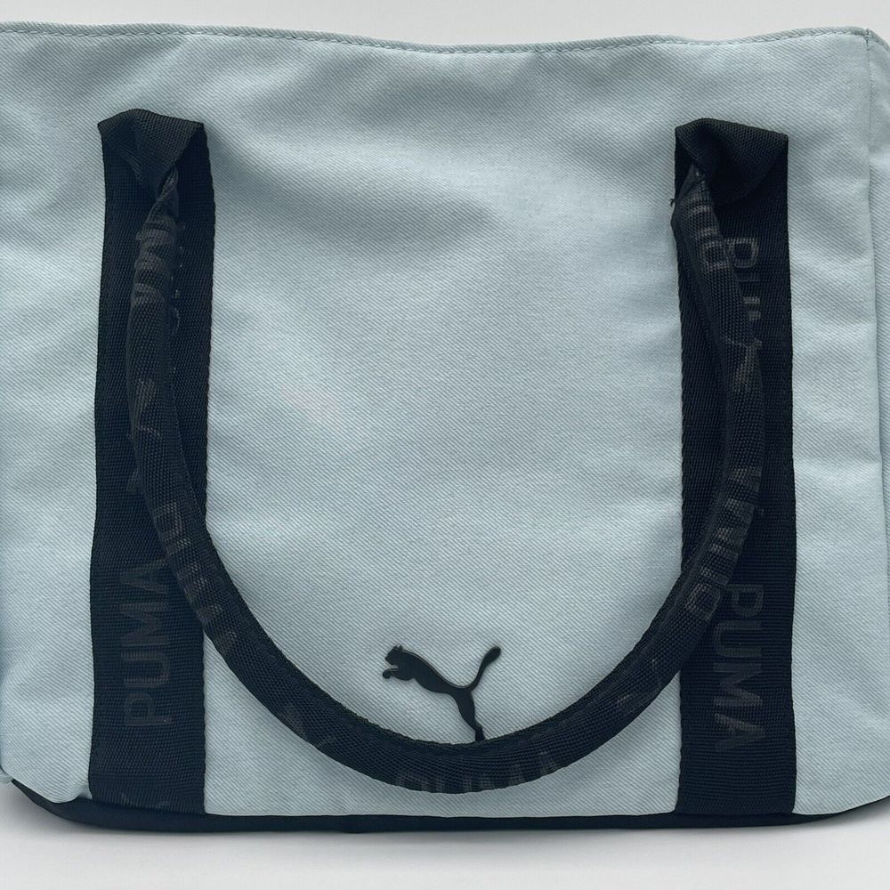 PUMA Up And Comer Light Blue Black Tote Bag Interior Pockets Expandable
